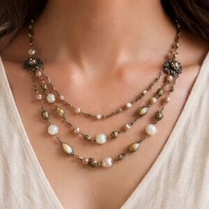 Vintage Opalite Pearl Layered Necklace Boho Romantic Filigree Floral Accent